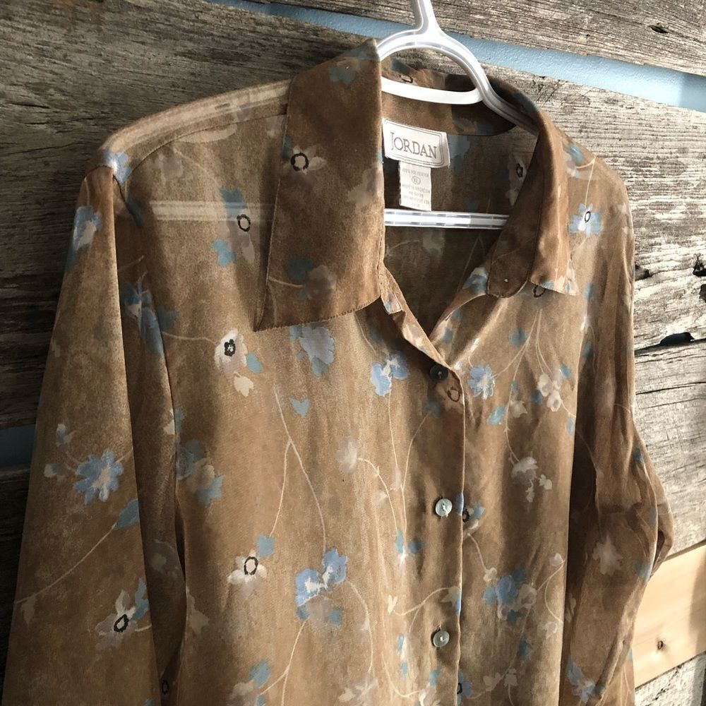 Vintage Jordan Size XL Brown Sheer Floral Blouse